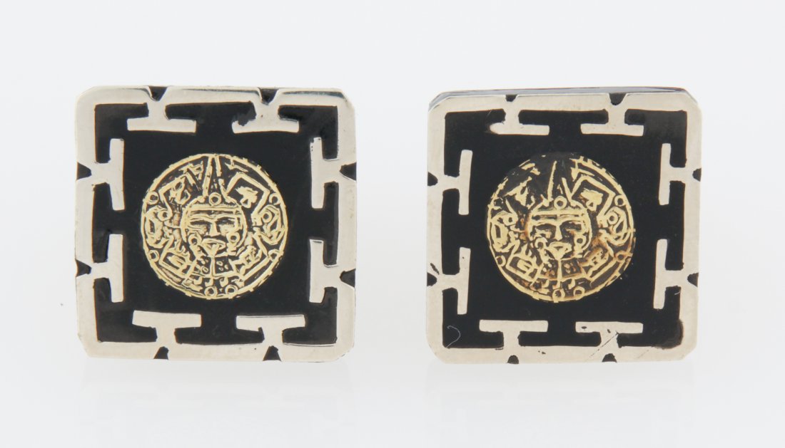 Nickel Silver Cufflinks Mayan Motif. Mexico: Nickel Silver Cufflinks Mayan Motif. Mexico. Marked Alpaca. .75"D (2 cm). Weight: 9.5 g (total). Since 1937, the The Silver Shop of Princeton, NJ was located at 59 Palmer Square West.