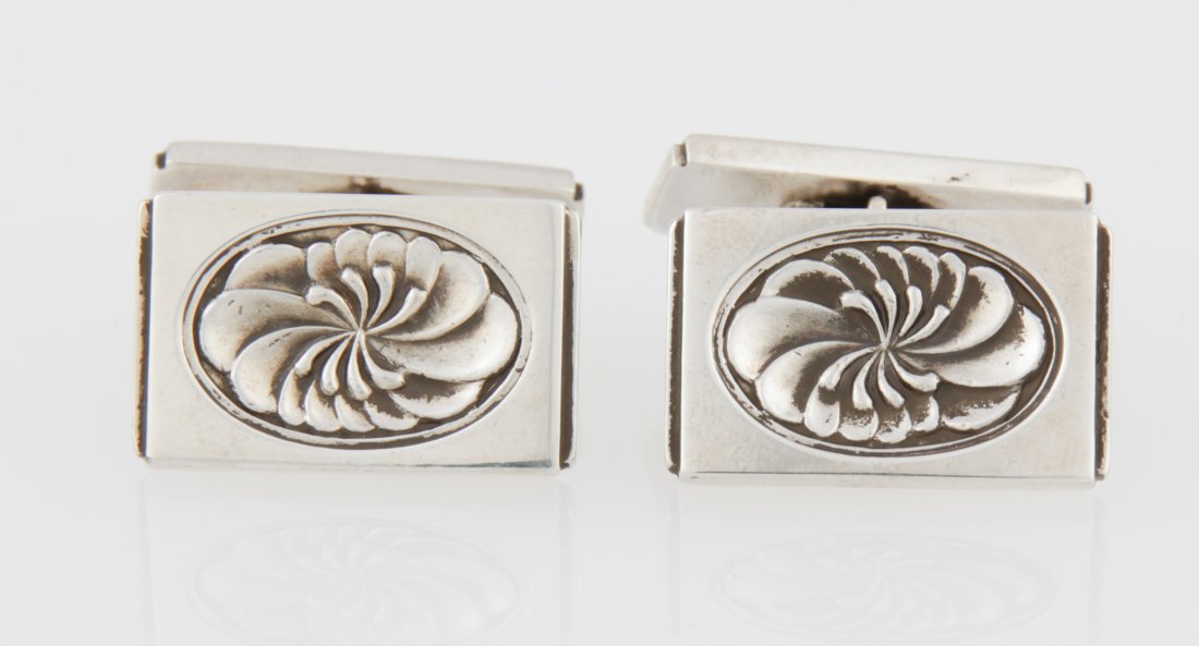 Georg Jensen Silver Cufflinks: Georg Jensen Silver Cufflinks marked Sterling Denmark 59A. .75"L (2 cm). Weight: 19.9 g (total).Since 1937, the The Silver Shop of Princeton, NJ was located at 59 Palmer Square West.