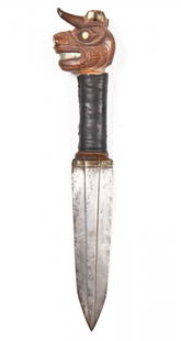 NW Coast Tlingit Steel and Copper Dagger: NW Coast Tlingit Steel and Copper Dagger, 19th c; steel, copper, wood, abalone shell; blade forged with twin sharpened edges and a defined ridge down the center. Leather wrapping on handle. Length: