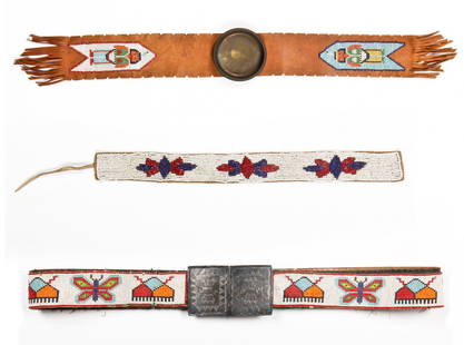 Plains Beaded Belt, Armband and Incense Holder: Plains Beaded Belt, Armband and Incense Holder. Belt length: 38" (97 cm). Incised metal buckle: 4" x 2.25" (10 x 6 cm) fastened. Armband: 13.25" x 1.25" (34 x 3 cm). Incense holder: 23" x 3" (58 x 8