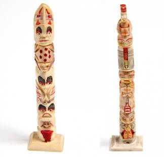 Two NW Coast Haida Totems: Two NW Coast Haida Totems, carved bone, paint, early 20th c. Ht: approx. 6.5 inches and 5.5 inches Provenance: Joseph Grimm, by descent to current owner Robert Panchison.