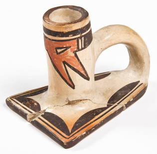 Antique Pueblo Pottery Candlestick: Antique Pueblo Pottery Candlestick. Size: 4" x 5" x 4" (10 x 13 x 10 cm). Cracked and glued, small piece missing. Provenance: Joseph Grimm, by descent to current owner Robert Panchison.