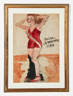 Justin McCarthy (American, 1891-1977) Miss America 1946: Justin McCarthy (American, 1891-1977) Miss America 1946. ink and watercolor on paper. Size: 17.5" x 11.75", 44 x 30 cm (sight), 22.5" x 16.5" , 57 x 42 cm (frame). Provenance: The Collection of