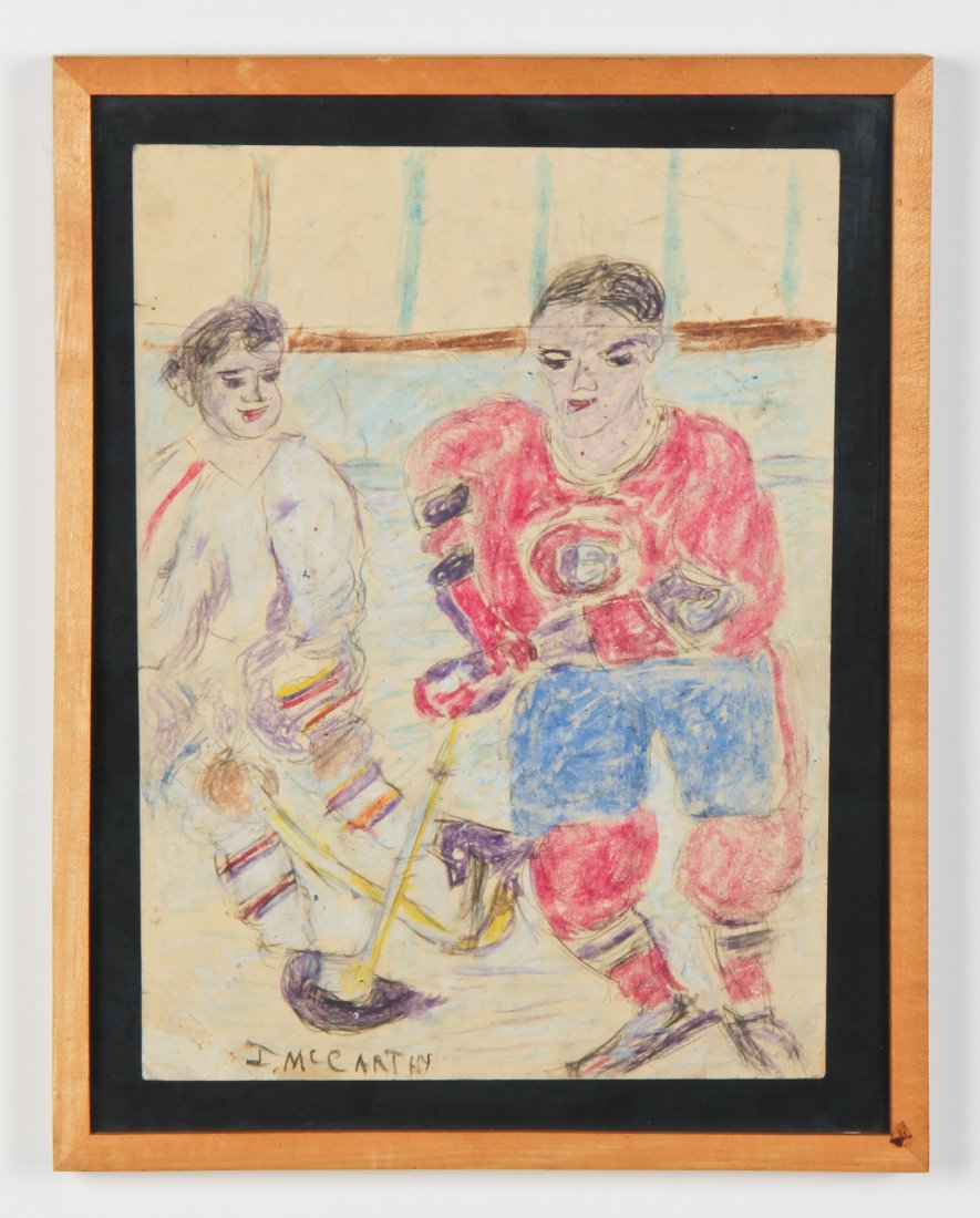 Justin McCarthy (American, 1891-1977): Justin McCarthy (American, 1891-1977) Hockey Player, mixed media on paper. Size: 15.75" x 11.75", 39 x 30 cm (sheet); 19" x 15", 48 x 38 cm (frame).