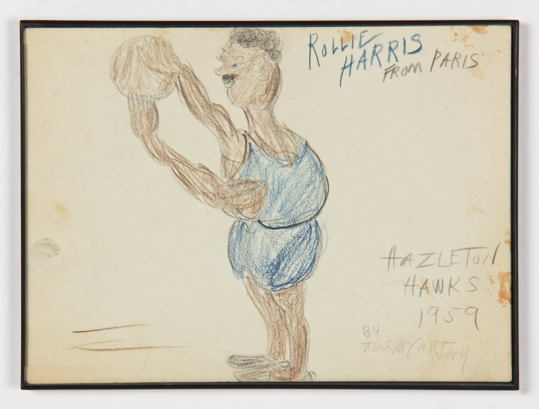 Justin McCarthy (American, 1891-1977): Justin McCarthy (American, 1891-1977) Rollie Harris, From Paris, Hazleton Hawks 1959, crayon on paper. Size: 9.25" x 12.25" (23 x 31 cm).