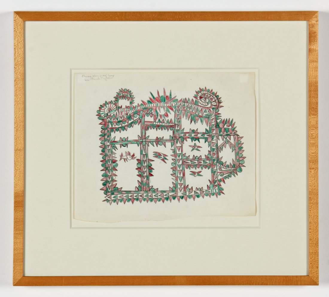 Frank Jones (American, 1900-1969) Drawing: Frank Jones (American, 1900-1969) "Chinese Stormproof House", colored pencil on paper, framed. Size: 8.5" x 10.5", 22 x 27 cm (irregular sheet), 16" x 17.75", 41 x 45 cm (frame). Provenance: Janet Fle