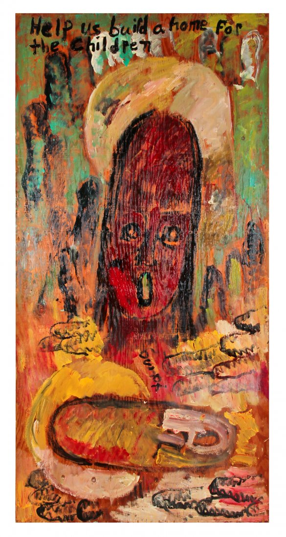 Purvis Young (American, 1943-2010): Purvis Young (American, 1943-2010) Help Us Build a Home for the Children, c. 2000, mixed media on wood panel. Size: 96" x 48" (244 x 122 cm).