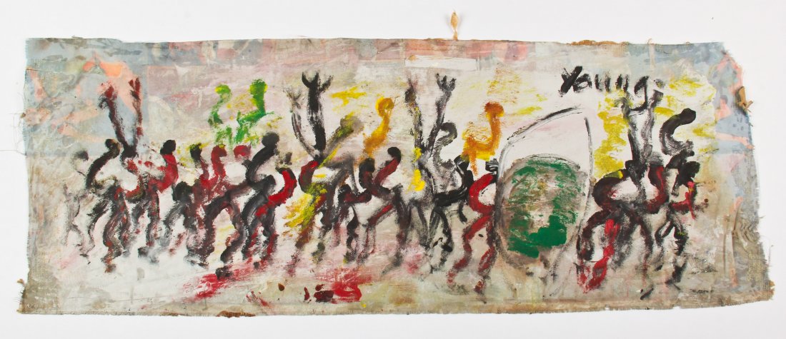 Purvis Young (American, 1943-2010): Purvis Young (American, 1943-2010) mixed media painting on unstretched fabric. Size: 15.5" x 43", 39 x 109 cm.