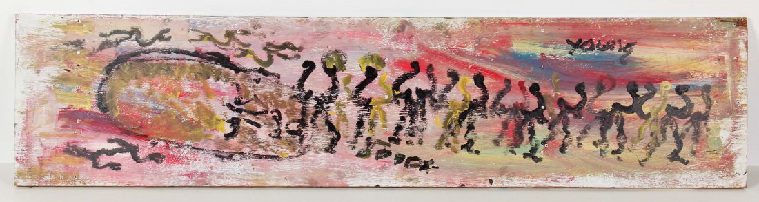 Purvis Young (American, 1943-2010): Purvis Young (American, 1943-2010) mixed media painting on wood panel. Size: 16" x 67" (41 x 170 cm).