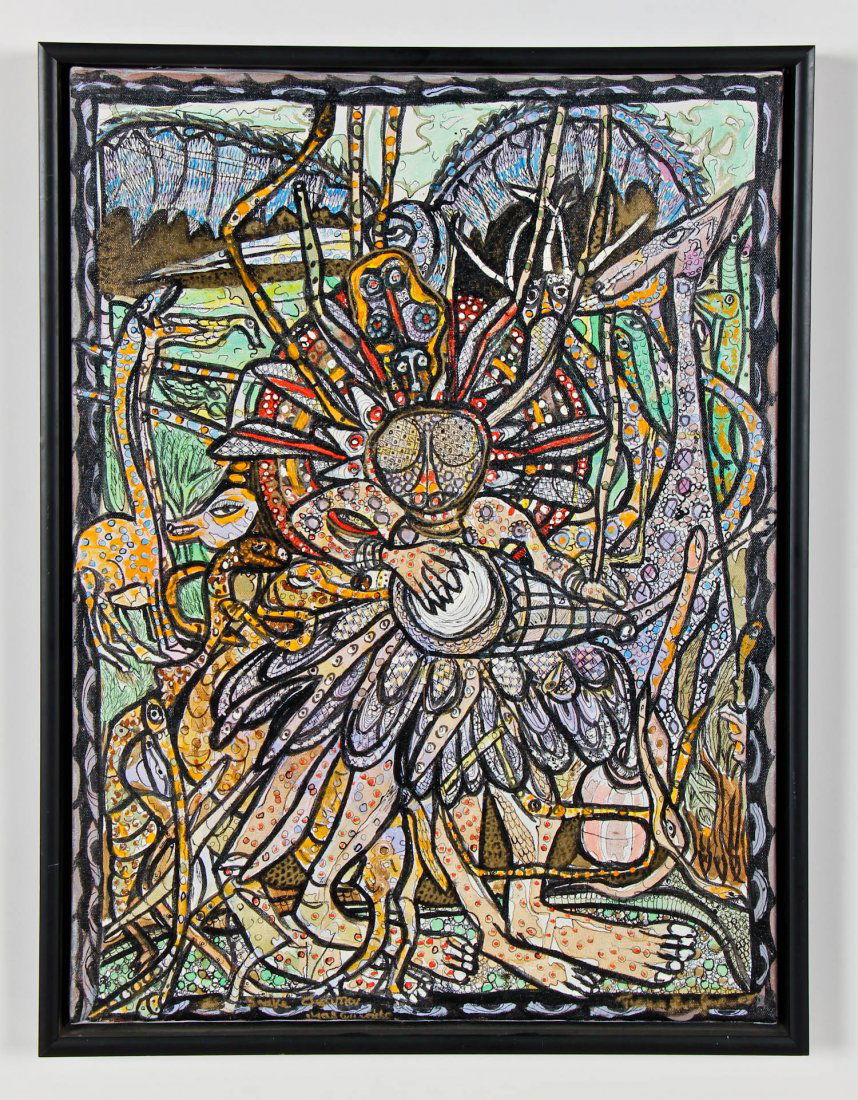 Prince Twins Seven Seven (Nigerian, 1944-2011): Prince Twins Seven Seven (Nigerian, 1944-2011) ink and acrylic on canvas. Size: 24" x 18", 61 x 46 cm (canvas), 25.25" x 19.25", 64 x 49 cm (frame). Literature: See Henry Glassie, "Prince Twins Seven-