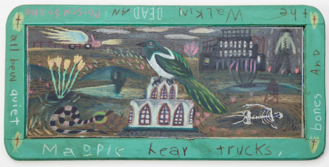 Tony Fitzpatrick (American, b. 1958): Tony Fitzpatrick (American, b. 1958) Colored pencil and acrylic on slate board. Size: 5.5" x 11.25" (14 x 29 cm).