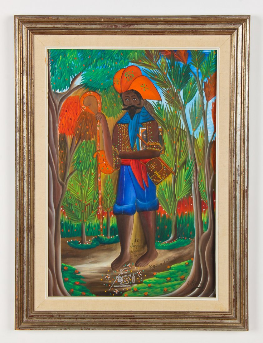 Andre Pierre (Haitian/ Port-au-Prince, 1916-2005): Andre Pierre (Haitian/ Port-au-Prince, 1916-2005) St Jacques le Grand Majeur, oil on masonite. Size: 23.25" x 16.25", 59 x 41 cm (board); 28.5" x 21.5", 72 x 55 cm (frame). Provenance: The Estate of E