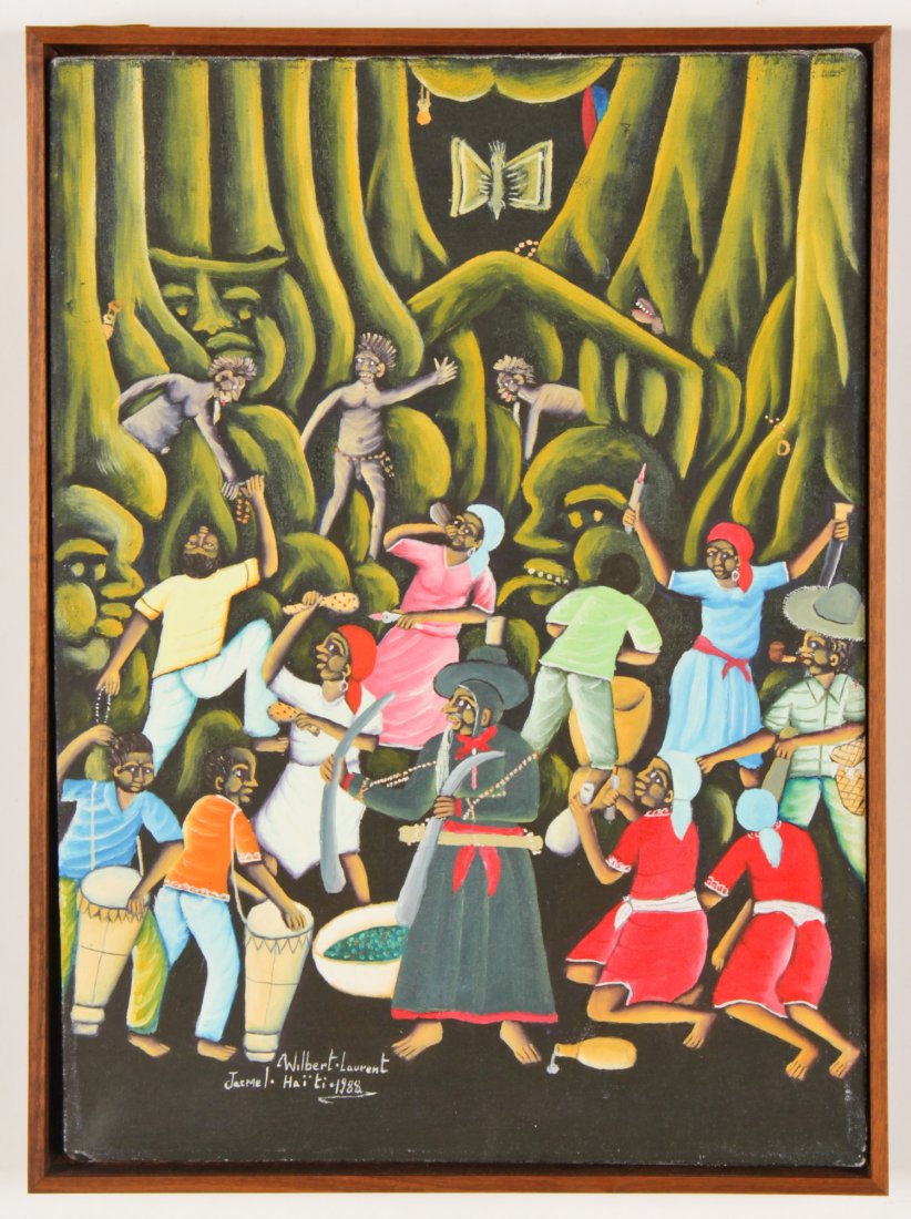Wilbert Laurent (Haitian/Jacmel, 20th c.): Wilbert Laurent (Haitian/Jacmel, 20th c.) Night Ceremony in Woods, 1988, oil on canvas. Size: 16.5" x 12" (42 x 30 cm). Provenance: Gary Carpenter; Jonathan Demme.