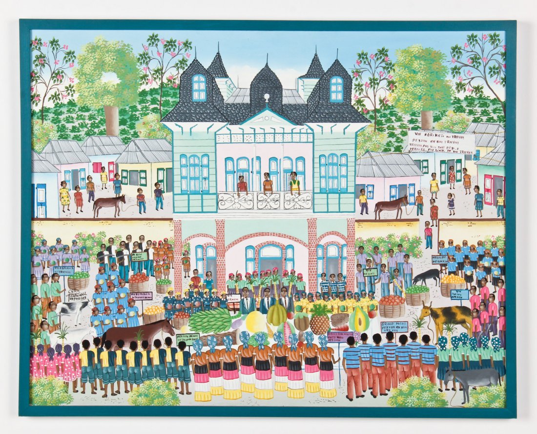 Gary Dorcinvil (Cap-Haitien, 20th c.): Gary Dorcinvil (Cap-Haitien, 20th c.) Untitled (Protesters), oil on canvas. Size: 24" x 30", 61 x 76 cm (stretcher); 24.75" x 30.75", 63 x 78 cm (frame).