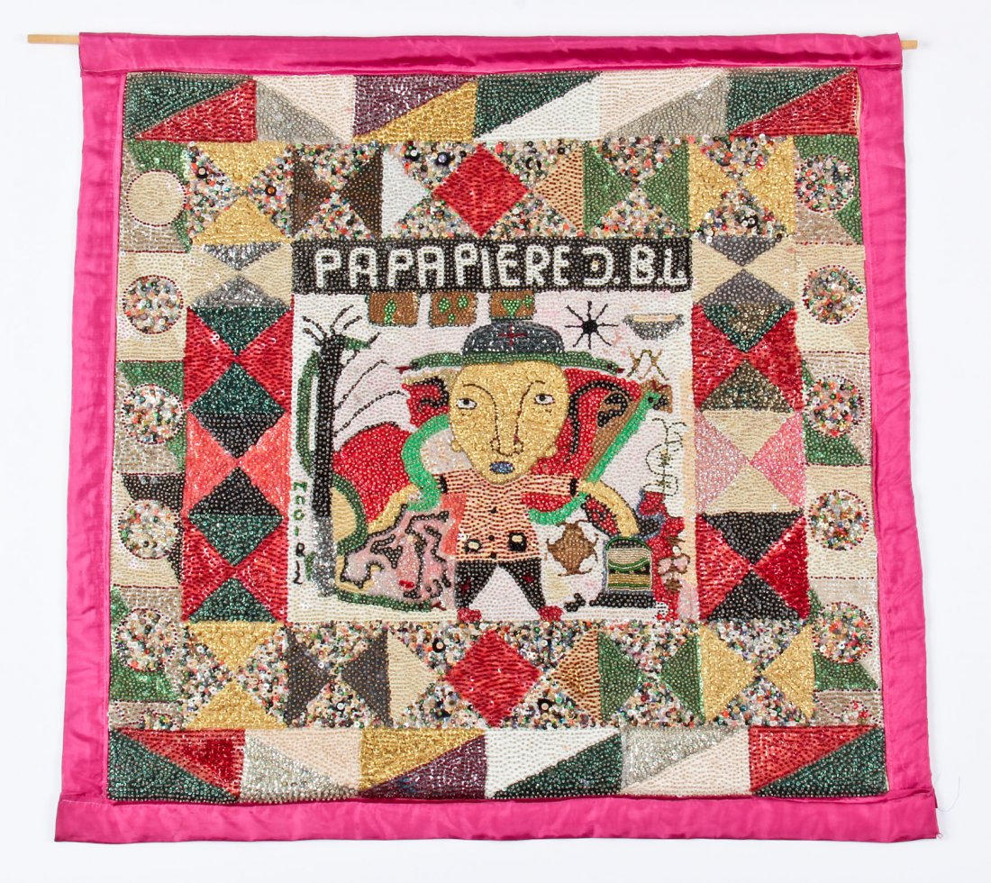 Haitian Vodou Drapeau: Haitian Vodou Drapeau (Voodoo Flag). Sequin beads on silk. Size: 31" x 32" (79 x 81 cm).