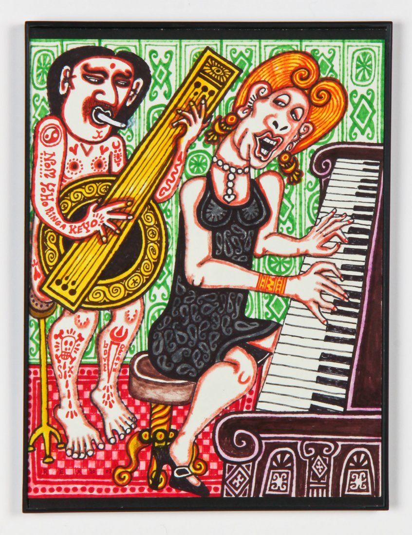 Rex Clawson (American, 1929-2007): Rex Clawson (American, 1929-2007) Musicians, 2002, ink drawing on paper. Size: 11.25" x 9", 29 x 23 cm (sheet); 12.25" x 9.25", 31 x 24 cm (frame).