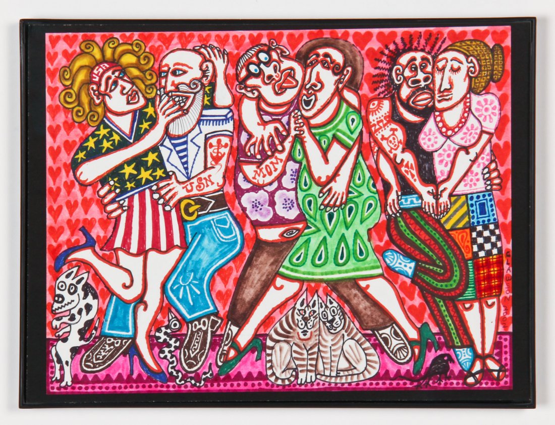 Rex Clawson (American, 1929-2007): Rex Clawson (American, 1929-2007) Three Couples, 2002, ink drawing on paper. Size: 8.5" x 11", 22 x 28 cm (sheet); 9.25" x 12.25", 23 x 31 cm (frame).