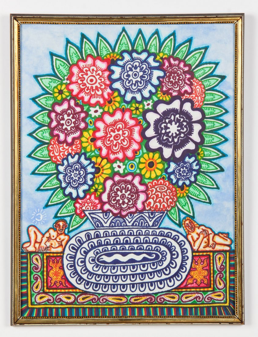 Rex Clawson (American, 1929-2007): Rex Clawson (American, 1929-2007) Still Life with Flowers, 2004, ink drawing on paper. Size: 23.5" x 17.5", 60 x 44 cm (sight); 25.25" x 19.25", 64 x 49 cm (frame).