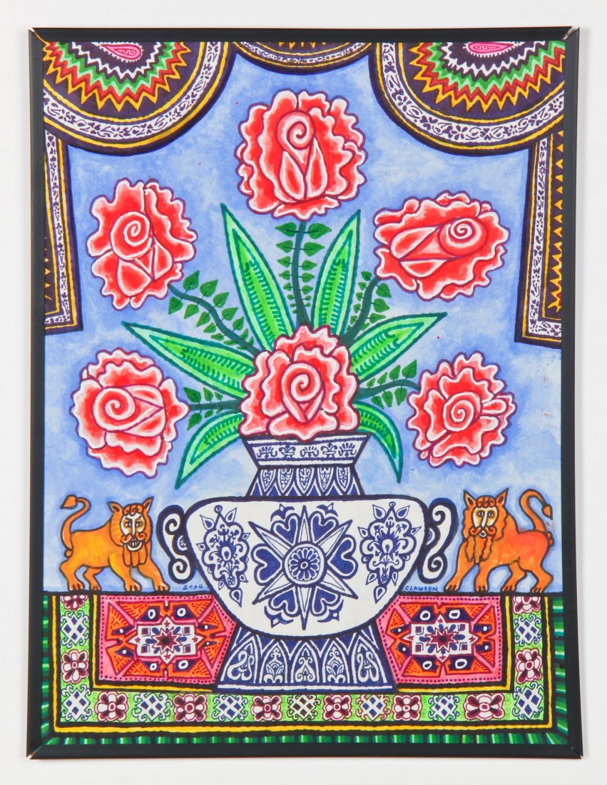 Rex Clawson (American, 1929-2007): Rex Clawson (American, 1929-2007) Still Life with Flowers, 2004, ink drawing on paper. Size: 24.25" x 18.25" (62 x 46 cm).