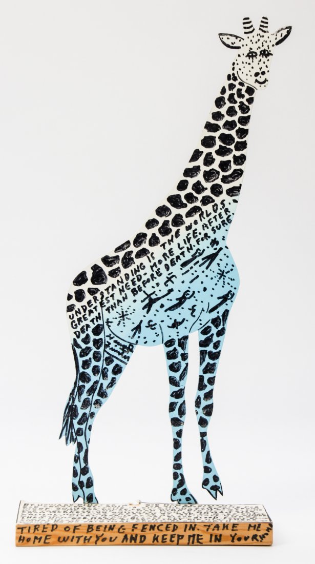 Howard Finster (American, 1916-2001) Giraffe: Howard Finster (American, 1916-2001) Giraffe, paint on cutout board. Signed, dated and numbered. #13,615. Date: February 4, 1990. Size: 18" x 8.5" x 3.75" (46 x 21.5 x 9.5 cm).