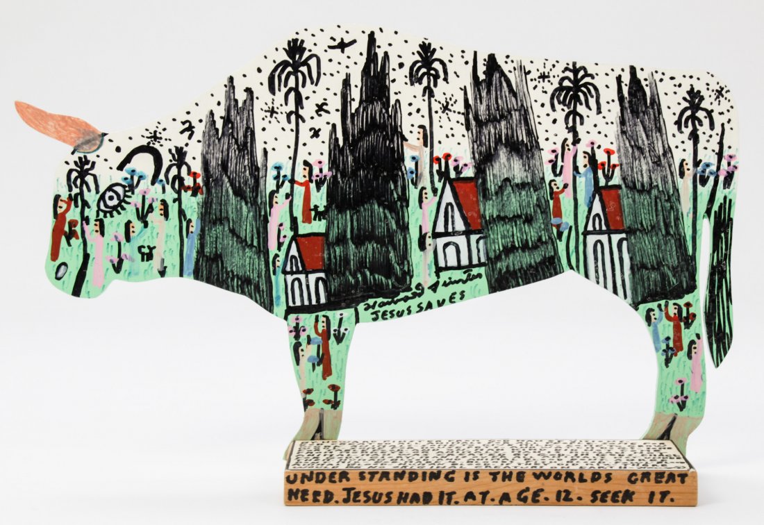 Howard Finster (American, 1916-2001): Howard Finster (American, 1916-2001) Bull, paint on cutout board. Signed, dated and numbered. #16,609. Date: October 22, 1990. Size: 10" x 8.75" x 3.75" (25 x 22 x 9.5 cm).