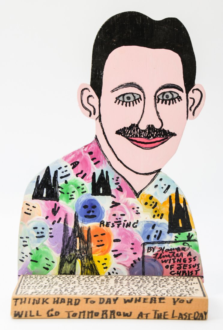 Howard Finster (American, 1916-2001): Howard Finster (American, 1916-2001) Cut Out Portrait of Howard, paint on cutout board. Signed, dated and numbered. #18,867. Date: April 27, 1991. Size: 10.5" x 6.75" x 3.75" (27 x 17 x 10 cm).