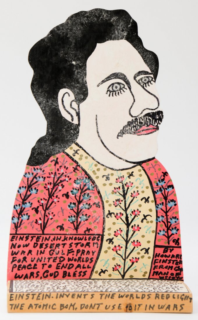 Howard Finster (American, 1916-2001): Howard Finster (American, 1916-2001) Portrait, paint on cutout board. Signed, dated and numbered. #18,026. Date: February 18, 1991. Size: 11" x 6.75" x 3.75" (28 x 17 x 9.5 cm).