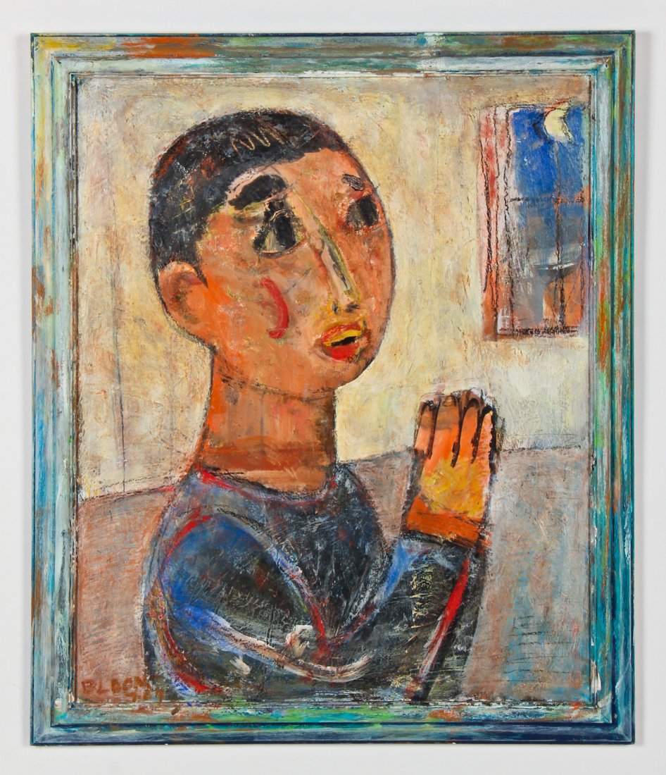 Jim Bloom (American, b. 1968): Jim Bloom (American, b. 1968) Boy Praying, 1987, mixed media on panel. Size: 35.75" x 29.75" (91 x 76 cm).