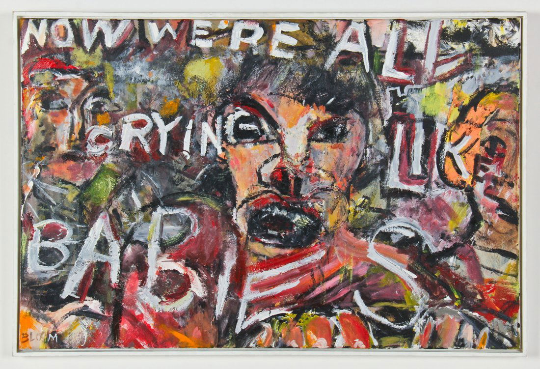 Jim Bloom (American, b. 1968): Jim Bloom (American, b. 1968) Now We're All Crying Like Babies, mixed media on canvas. Size: 24" x 36", 61 x 91 cm (stretcher), 25" x 37", 64 x 94 cm (frame).