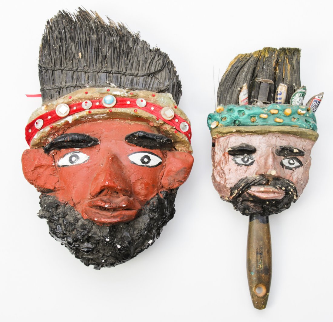 2 Mr. Imagination Brush Heads: Gregory "Mr. Imagination" Warmack, (American, 1948-2012), Mixed Media Brush Heads, found object sculptures with decoration of recycled materials, including buttons, caps and found brooms. The larger w