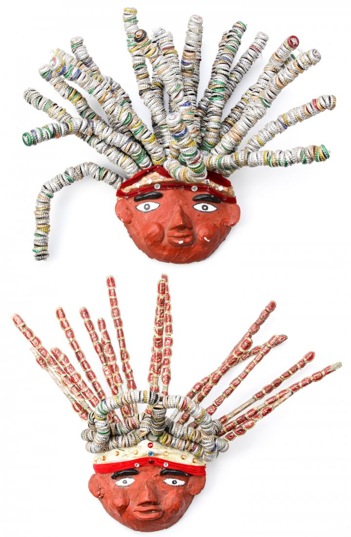 2 Mr. Imagination (American, 1948-2012) Medusa Face: Gregory "Mr. Imagination" Warmack, (American, 1948-2012) 2 Medusa Face Sculptures, mixed media. Size: 26" x 30" x 10" (66 x 76 x 25 cm) and 21" x 25" x 13" (53 x 64 x 33 cm).
