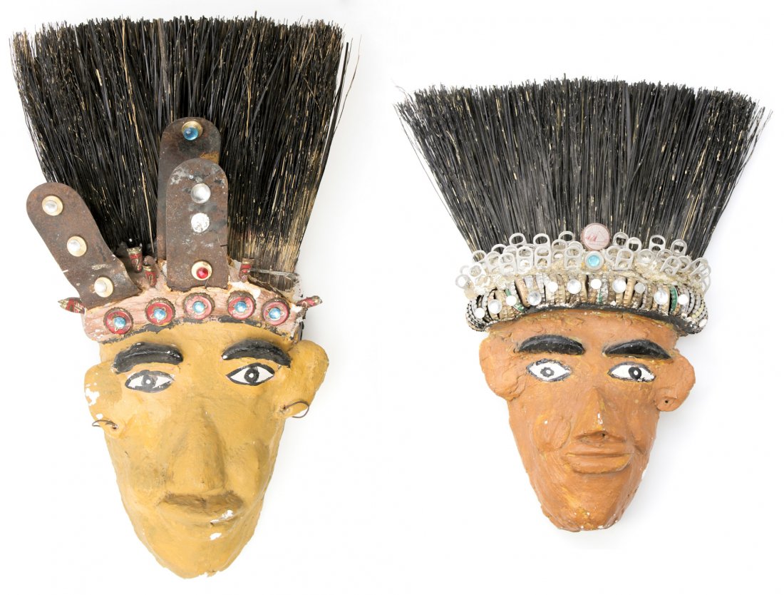 2 Mr. Imagination (American, 1948-2012) Broomhead Face: Gregory "Mr. Imagination" Warmack, (American, 1948-2012) 2 Broomhead Face Sculptures, mixed media and found materials. Size: 21"x 15" (53 x 38 cm) and 17" x 14" (43 x 36 cm).