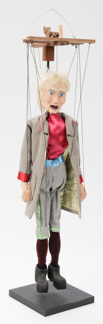 Richard McCleard (American/Ohio, b. 1926): Richard McCleard (American/Ohio, b. 1926) Handmade marionette, carved and painted basswood, with display stand. Size: 31" x 7" x 7", 79 x 18 x 18 cm (with stand).