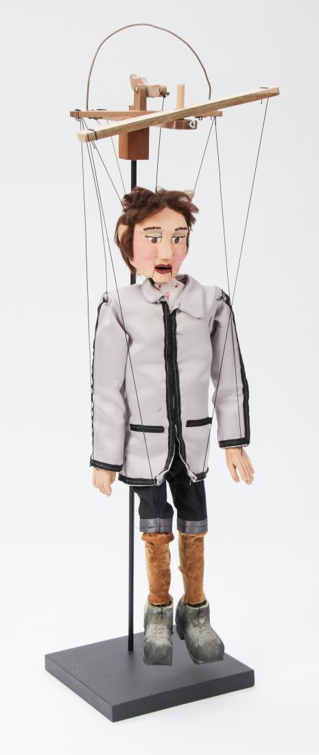 Richard McCleard (American/Ohio, b. 1926): Richard McCleard (American/Ohio, b. 1926) Handmade marionette, carved and painted basswood, with display stand. Size: 28" x 7" x 7", 71 x 18 x 18 cm (with stand).