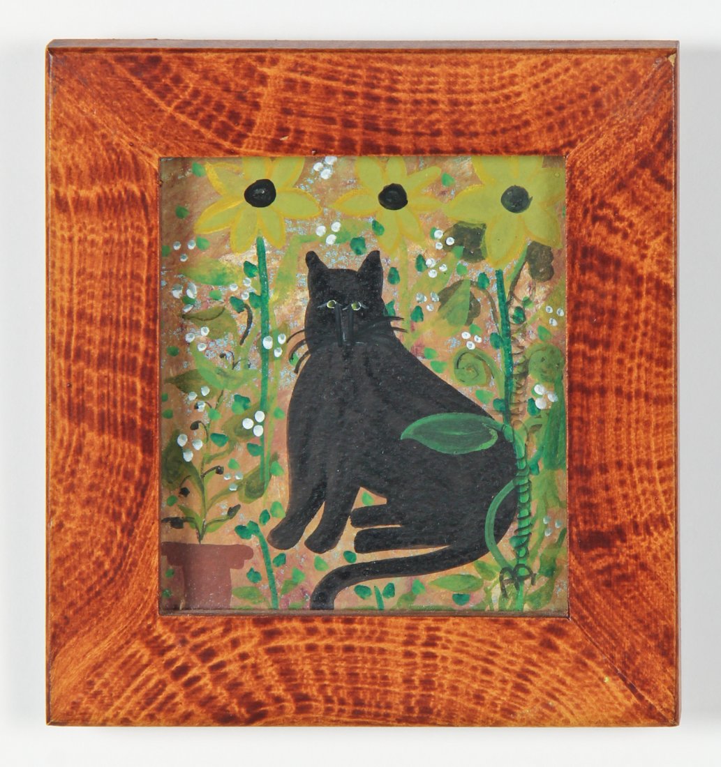 Barbara Strawser (American, 20th c.): Barbara Strawser (American, 20th c.) Cat, mixed media painting on paper. Size: 4" x 3.5", 10 x 9 cm (sight); 6" x 5.5", 15 x 14 cm (frame).