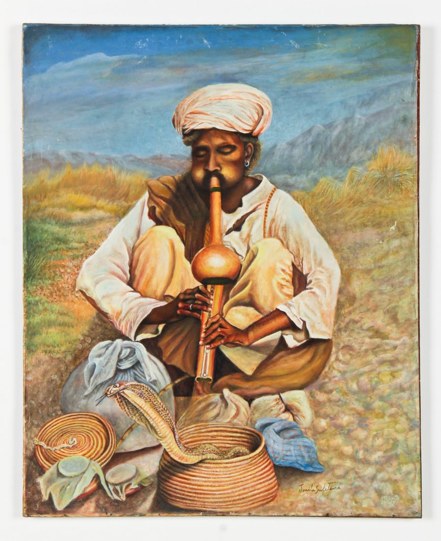 Jamila Sulitana (20th c.) Snake Charmer: Jamila Sulitana (20th c.) Untitled (Snake Charmer), oil on canvas mounted to board. Size: 31" x 25", 79 x 64 cm (board).