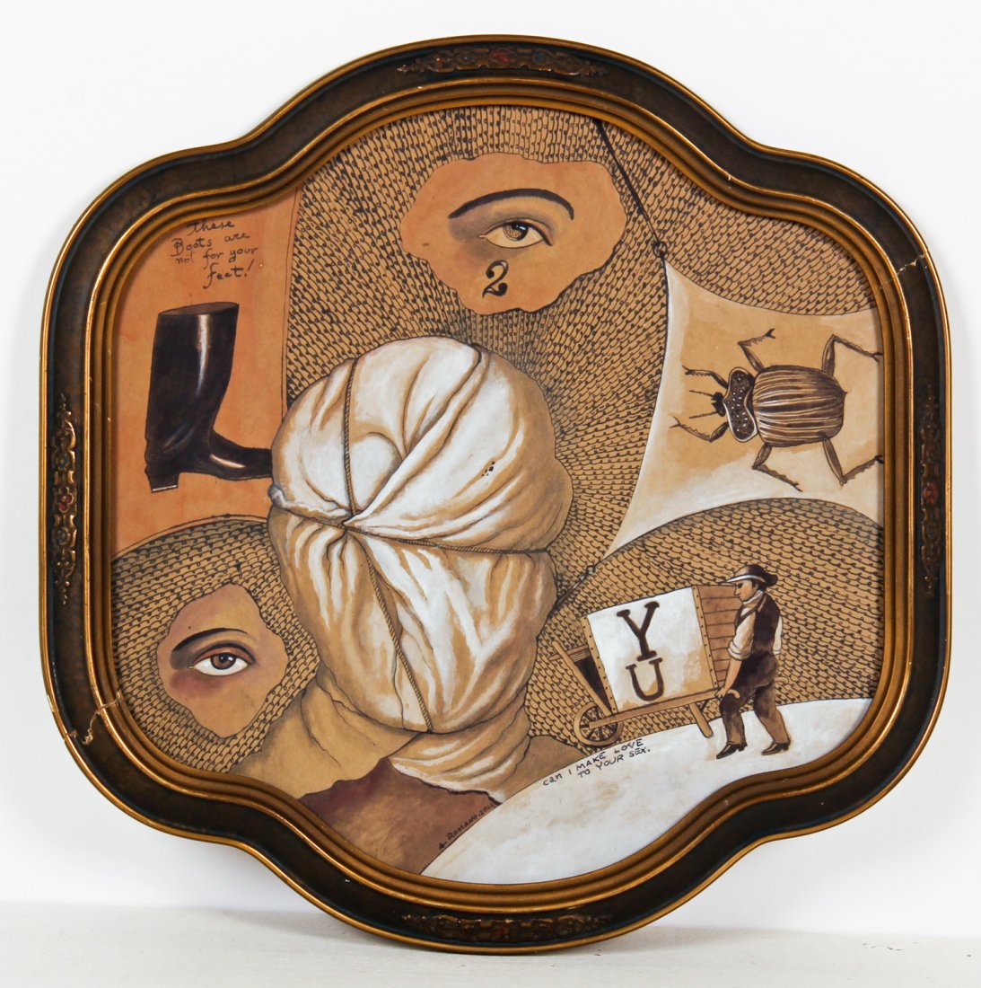 Antonio Romano (Italy-USA, b. 1953): Antonio Romano (Italy-USA, b. 1953). These Boots Are Not for Your Feet, 2014, mixed media on paper. Size: 17.25" x 17.25", 44 x 44 cm (sight); 20.5" x 20.5", 52 x 52 cm (frame).