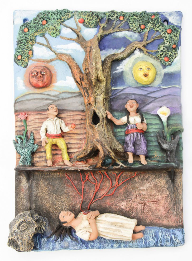 Demetrio GarcÃ­a Aguilar (Mexican, 20th c.): Demetrio GarcÃ­a Aguilar (Mexican, 20th c.) Tree of Life, painted earthenware plaque. Size: 15" x 11" x 2.5" (38 x 28 x 6 cm).