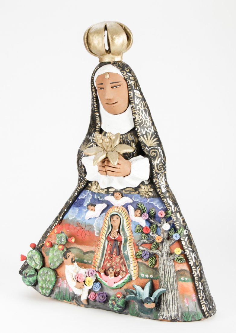Josefina Aguilar (Mexican/Ocotlan, Oaxaca, 20th c.): Josefina Aguilar (Mexican/Ocotlan, Oaxaca, 20th c.) Allegorical figure, painted earthenware. Size: 26" x 19" x 7" (66 x 48 x 18 cm).