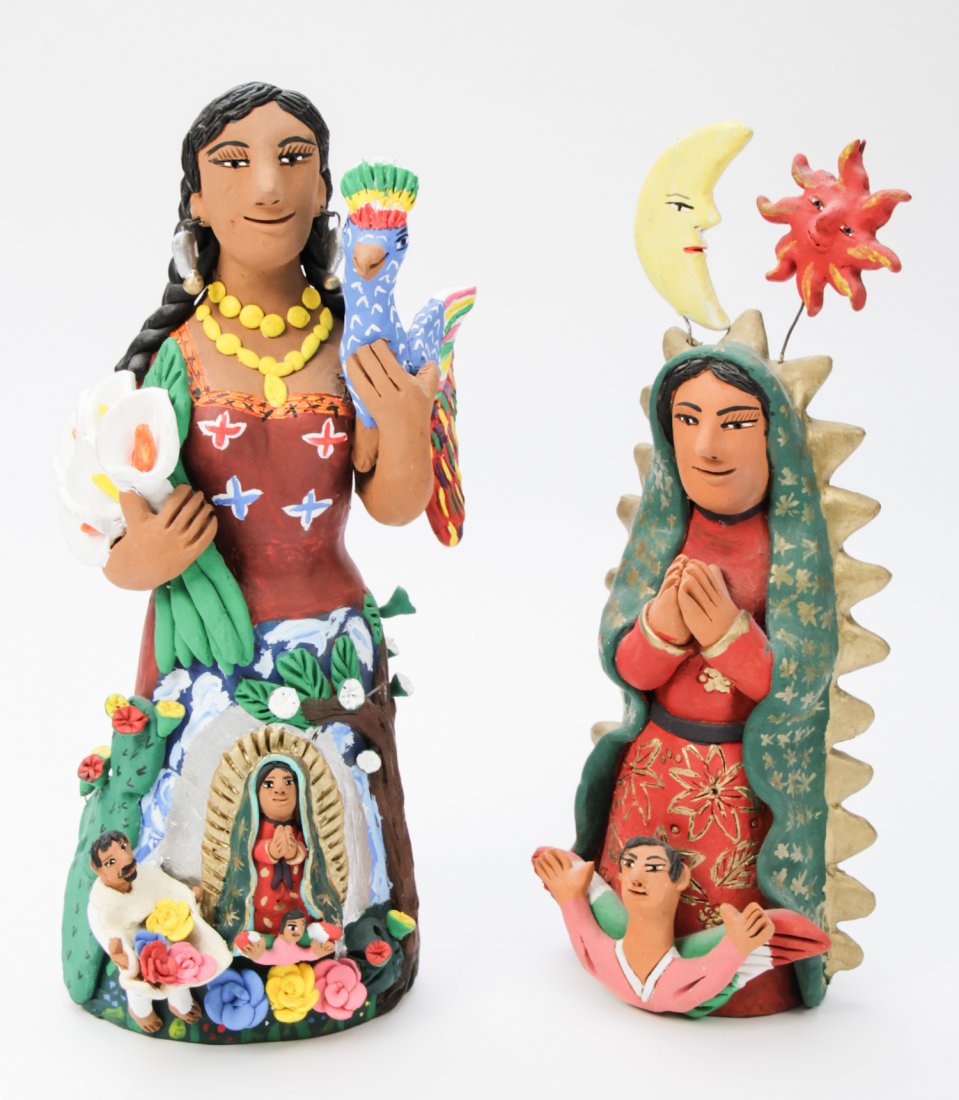 2 Mexican Allegorical Figures: 2 Josefina Aguilar (Mexican/Ocotlan, Oaxaca, 20th c.) Allegorical figures, painted earthenware. Size: 16" x 7" x 6" (41 x 18 x 15 cm) and 15" x 6" x 4.5" (38 x 15 x 11 cm).