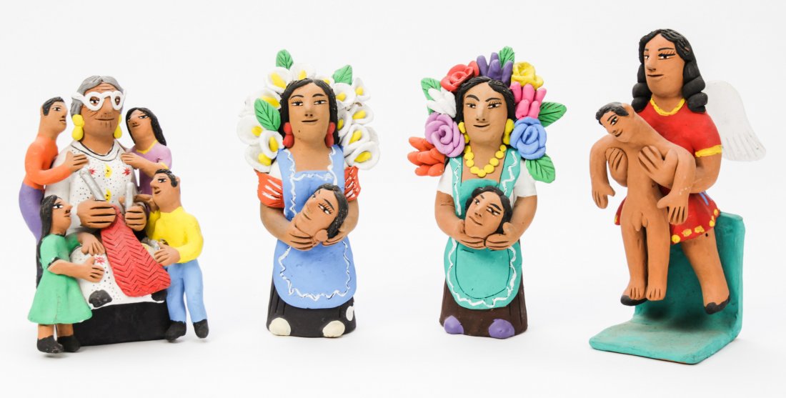 4 Mexican Allegorical Figures: 4 Josefina Aguilar (Mexican/Ocotlan, Oaxaca, 20th c.) Allegorical figures, painted earthenware. Ranging in size from 9.5" x 5" x 4.5" (24 x 13 x 11) to 11" x 4.5" x 6" (28 x 11 x 15 cm).