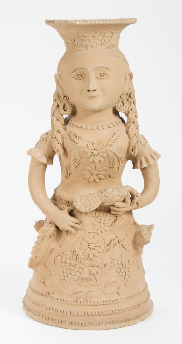 Mexican Earthenware Figure: Mexican Earthenware Figure, signed Delfina Cruz, Ernesto Vasquez, and D. Reyes. Size: 25" x 11" x 11" (63 x 28 x 28 cm).