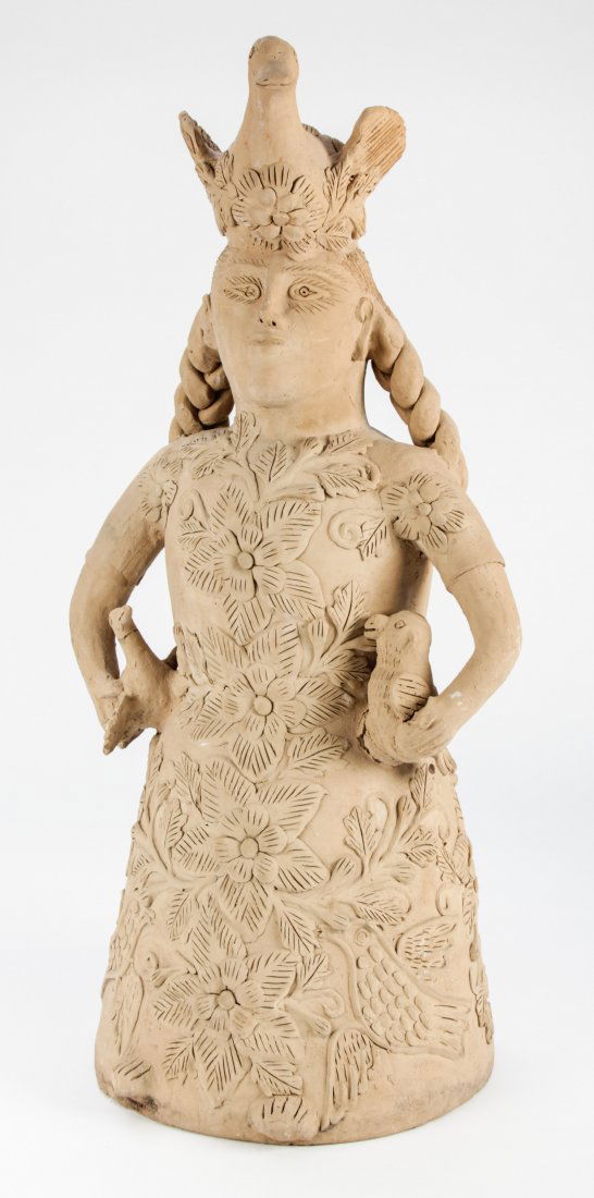 Mexican Earthenware Figure: Mexican Earthenware Figure. Size: 33" x 13" x 13" (84 x 33 x 33 cm).