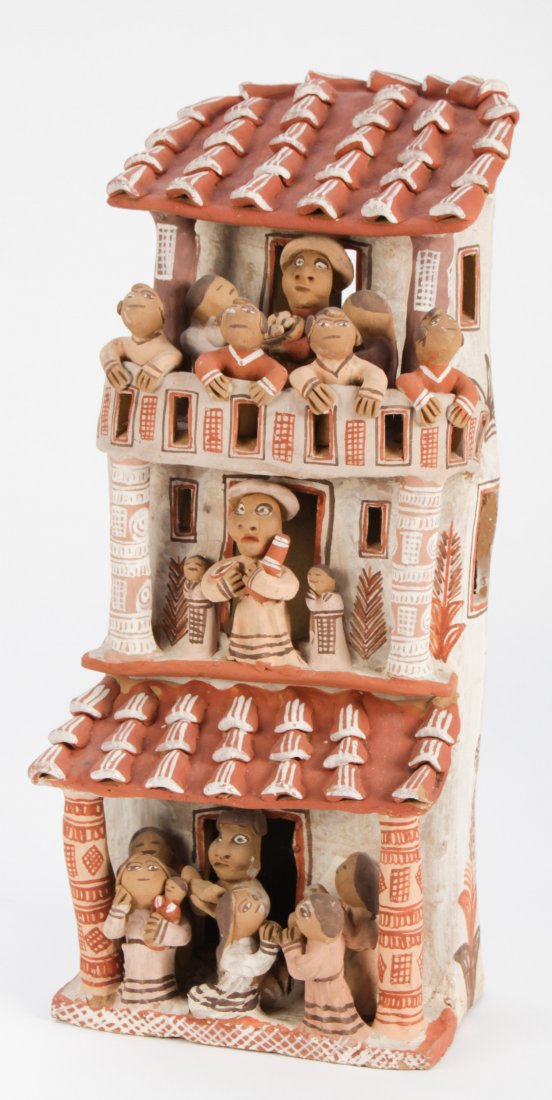 Peruvian Decorated Earthenware Figural Group: Peruvian Decorated Earthenware Figural Group depicting a Family at Home. Size: 19" x 8.5" x 6.5" (48 x 22 x 16.5 cm).