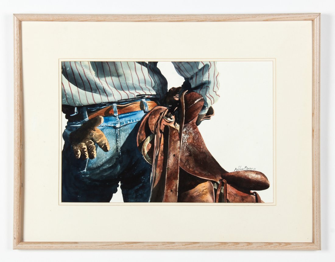 Nelson Boren (American, b. 1952): Nelson Boren (American, b. 1952) Look'n for My Horse, watercolor on paper. Provenance: The Marcus Gallery (label on verso). Size: 14.5" x 21.75", 37 x 55 cm (sight); 24.25" x 31.25", 62 x 79 cm (frame