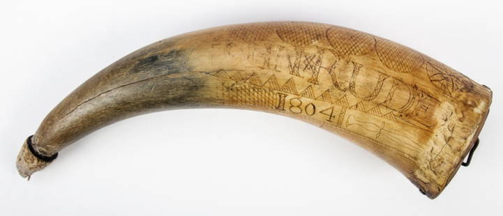 Early American Powder Horn, Dated "1804": Early American Powder Horn, Dated "1804" and inscribed with the name "John Rude", incised hex signs, dagger, bird. Size: 9" x 2.25" (23 x 6 cm).