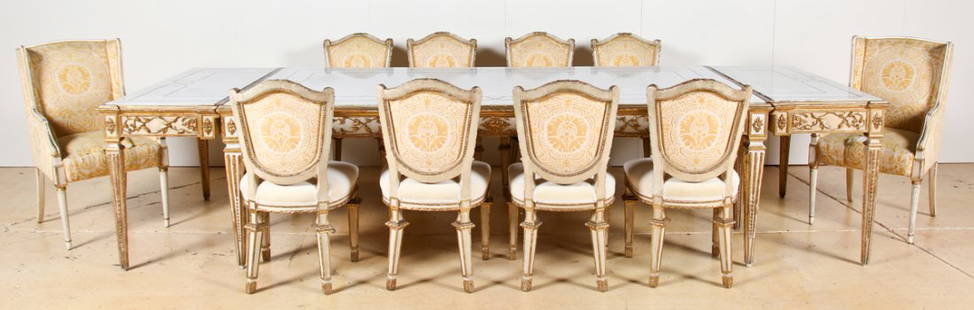 Fine Louis XV Style Marble Top Dining Suite: Louis XV style marble top dining table with 2 extensions and 10 dining chairs comprised of 8 sides and 2 arms. Custom made in Italy in the 1950's marble top feature inset bronze in a the ribbon