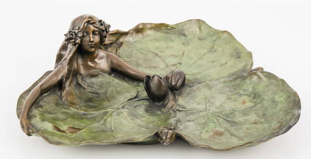 Raoul Larche Bronze Art Nouveau Tray: Raoul Larche Bronze. Size: 4" x 13.5" x 12" (10 x 34 x 30 cm).Raoul Larche, French, 1860-1912. Bronze Art Nouveau tray, Lily pad form with a young woman grasping the central lily. Incised signature