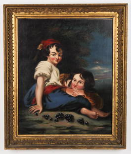 European School Painting: European School (19th c.) Portrait of Two Children, oil on canvas (relined), in a period frame. Size: 27" x 22.5", 69 x 57 cm (stretcher), 32" x 28", 81 x 71 cm (frame). Provenance: Kristina Barbara