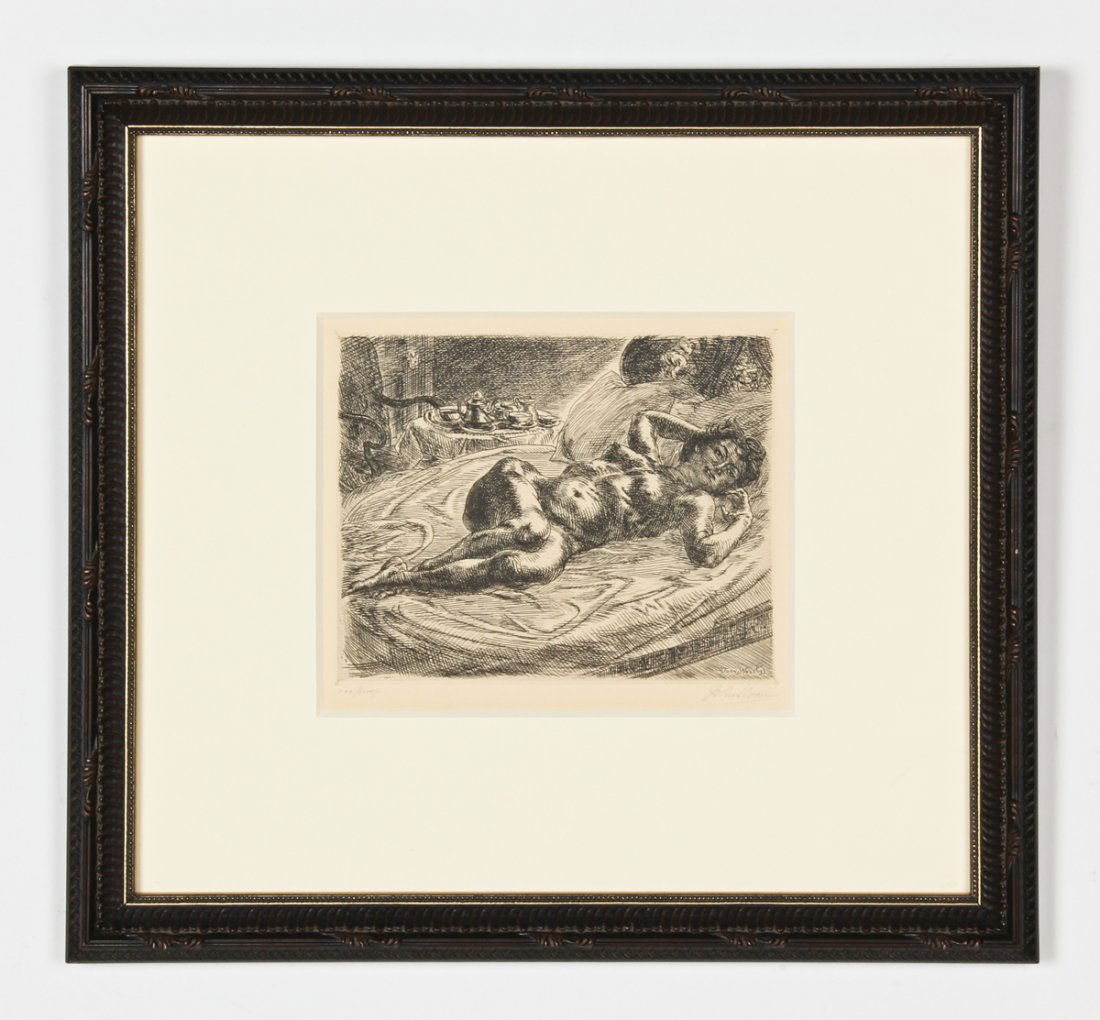 John French Sloan (American, 1871-1951): John French Sloan (American, 1871-1951) Nude and Breakfast Tray, 1933, etching, from an edition of 100, signed John Sloan (lower right). Size: 6" x 7.25", 15 x 18 cm (sight), 13.75" x 15", 35 x 38 cm